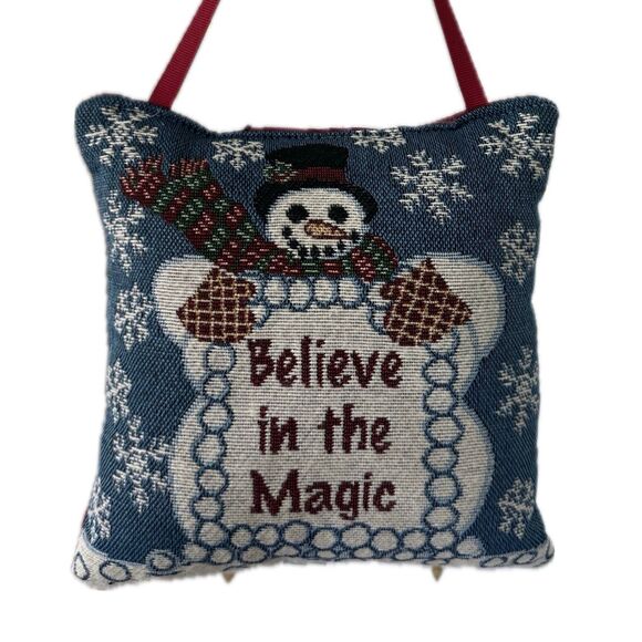 Believe In The Magic Mini Snowman Tapestry Pillow Doorknob Christmas Tree Decor - Picture 1 of 3